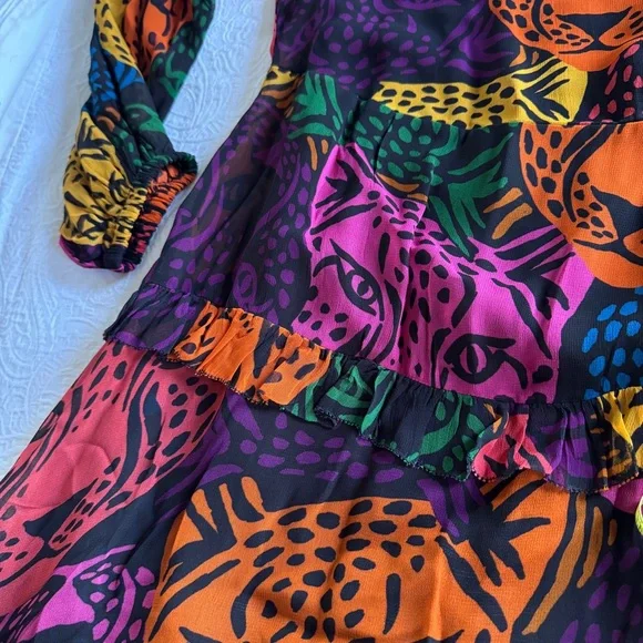 🎄 FARM Rio Rainbow Midnight Leopards Tiered Maxi dress - Picture 4 of 13